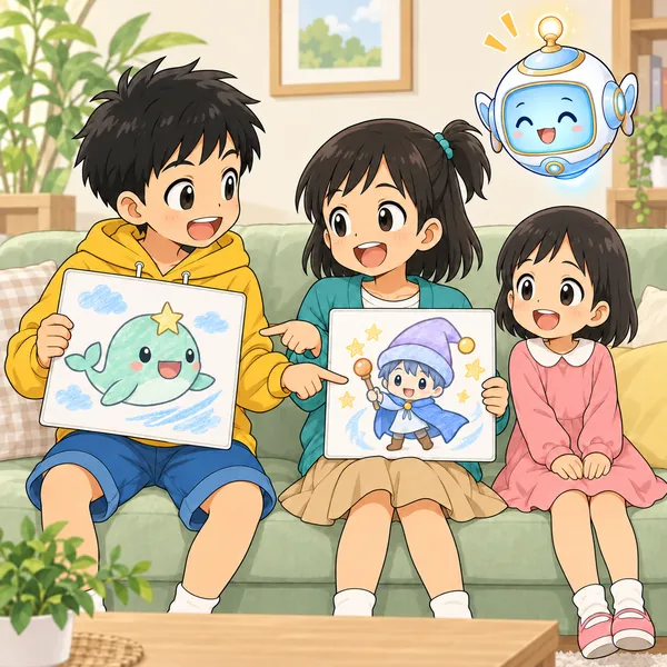 ハルとミオが、おたがいの推しの絵を指さして楽しそうに話している。