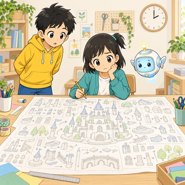 ミオが机いっぱいに大きな設計図の紙を広げ、すごい作品を最初から完ぺきに作ろうとしているが、手が止まっている