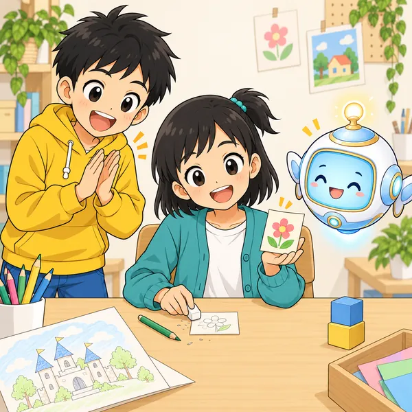 ミオが小さな作品(手のひらサイズの紙のカード)をまず一つ完成させて笑顔