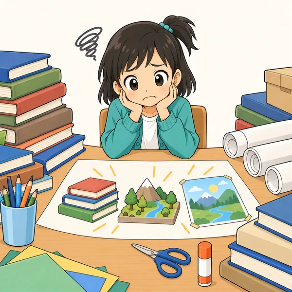 ミオが「自由研究をぜんぶ今日やる」と書いた紙を前に、本や道具の山を見て途方にくれている