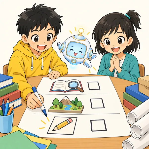 アイとハルが、大きな紙に「調べる/作る/書く」と3つに分けて書いている
