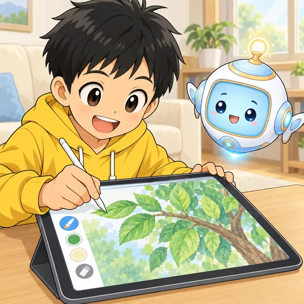 ハルが画面を大きく広げて、木の葉っぱを細かく描いている。