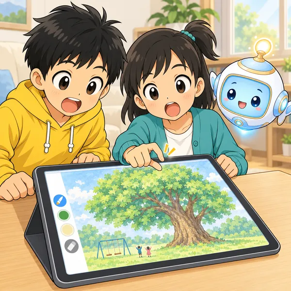 画面を小さくすると、木だけがとても大きいことが分かり、ハルとミオがおどろいている。