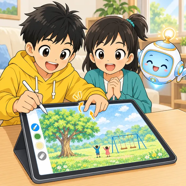 大きさのバランスがよくなった公園の絵ができ、ハルとミオが笑顔。