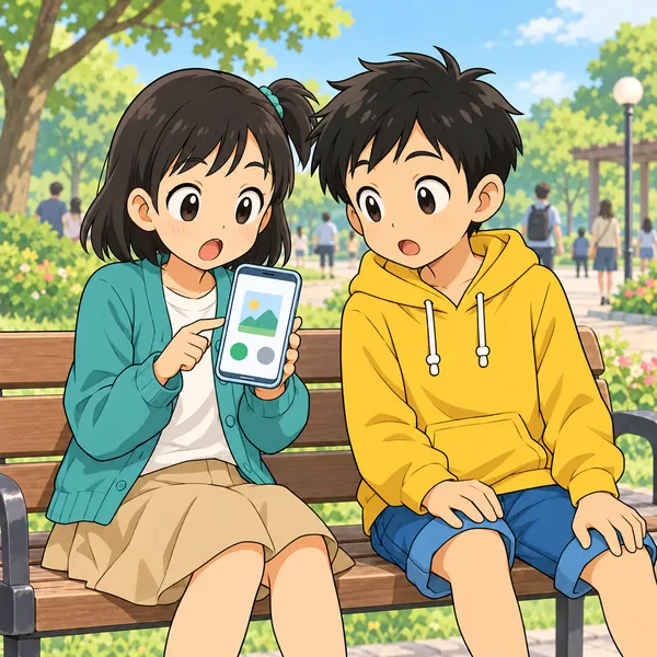 公園のベンチで、スマートフォンに届いた知らない人からの写真の知らせを見て、ミオがおどろいている。