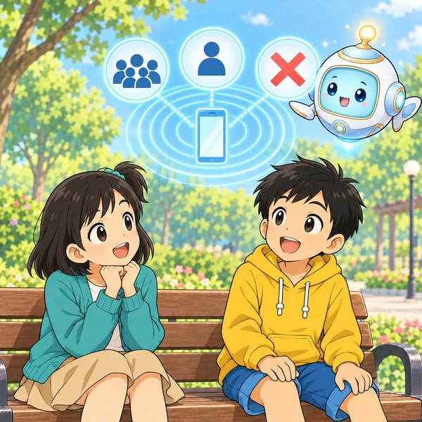 AIロボットが、スマートフォンから広がる電波の輪と、受け取る相手を選ぶ3つの印を見せている。