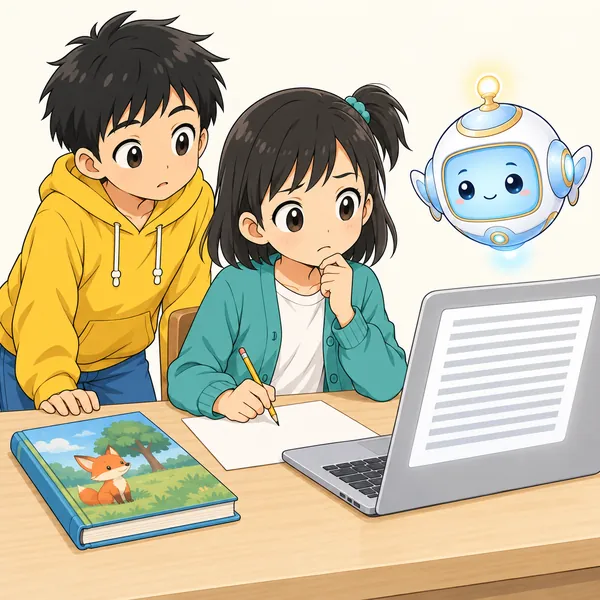 ミオが読書感想文を書こうとして、AIに全部書かせた文章を画面に表示し、手を止めて見つめている