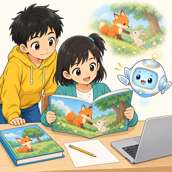 アイがやさしく説明し、ミオが本を手に取って、自分が心に残った場面を思い出している