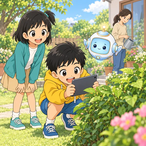 庭の植えこみで、ハルが葉っぱの上の小さな毛虫に、タブレットと顔をぐっと近づけている。
