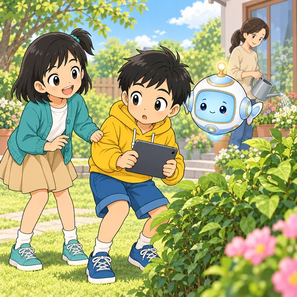 ミオがハルのそでを引いて止め、ハルが手をはなしている。
