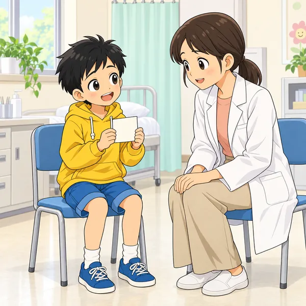保健室。ハルがメモを見せながら、先生に落ち着いて話している