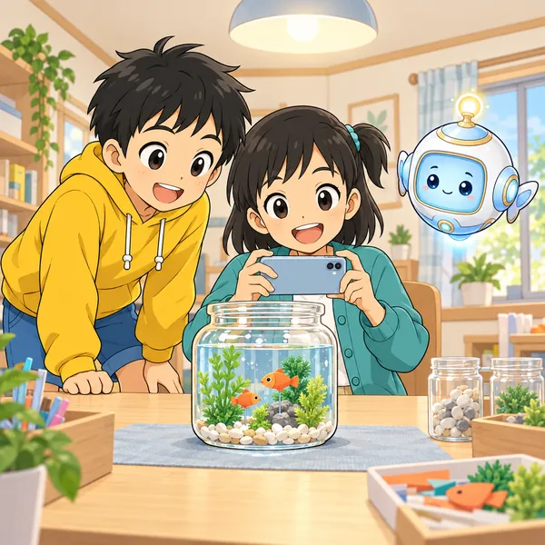 明るい室内で、ミオがスマホでミニ水族館を撮り、ハルがのぞきこんでいる。
