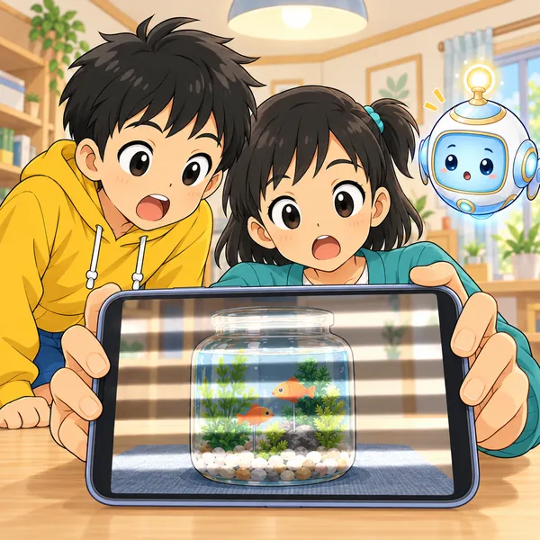 スマホの画面に横向きのしましまが走り、ミオが目をまるくしている。