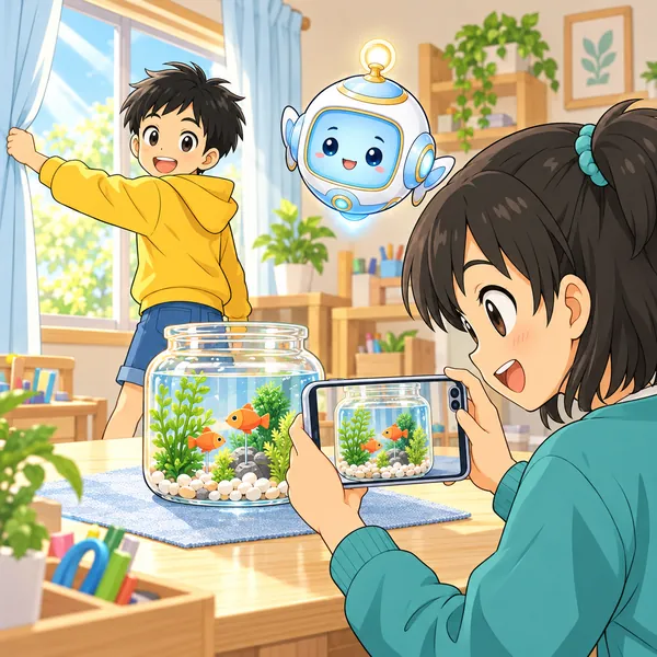カーテンを開けて窓の光で撮り直すと、しましまが消え、ハルとミオとAIロボットが笑顔。