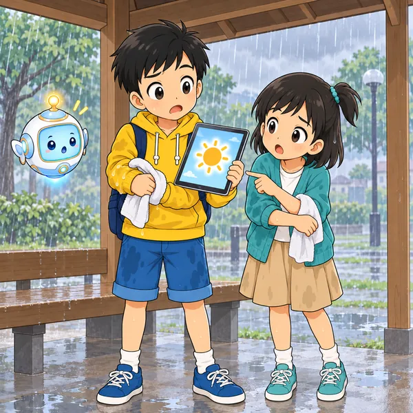 雨の公園の屋根の下で、ミオがまだ太陽のマークのタブレットを指さしている。
