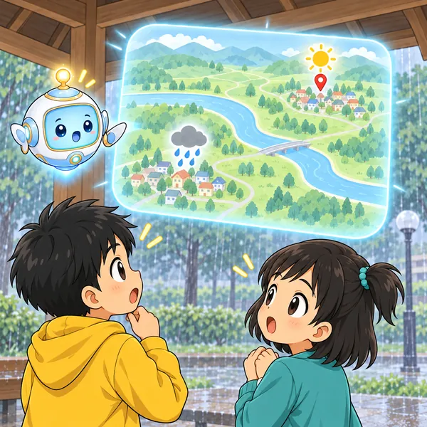 AIロボットが、遠くの町のピンに太陽、自分の町に雨の雲がある地図を窓に見せている。