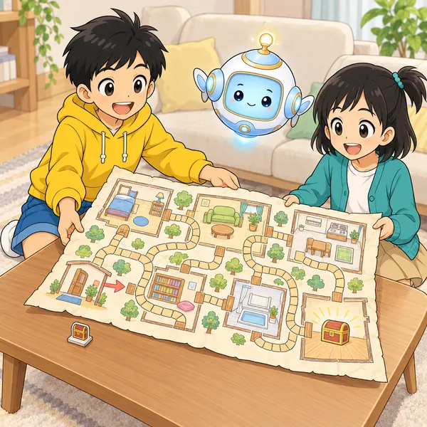 ハルが宝の場所まで全部描いた手作りの地図ゲームをミオに渡している。