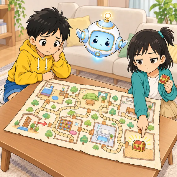 ミオがすぐ宝を指さして宝箱を手にし、つまらなそうにしている。ハルががっかりしている。