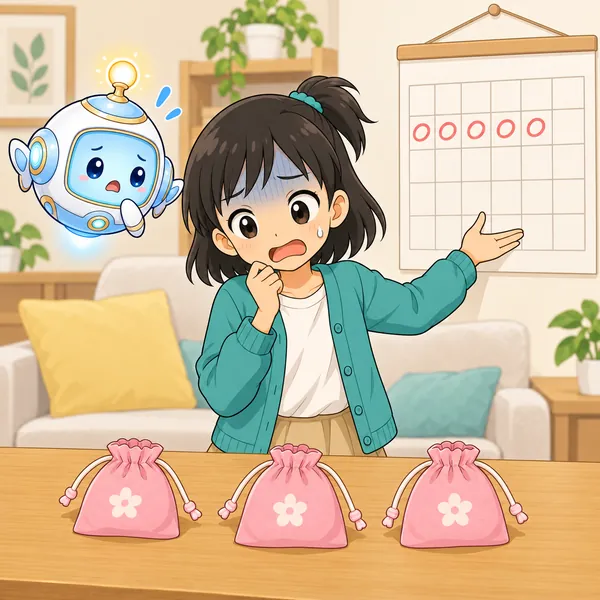 ミオが、カレンダーと完成品3つを見比べてあせっている。