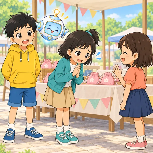 ミオが注文してくれた友だちにていねいにあやまり、友だちが笑顔で手をふっている。