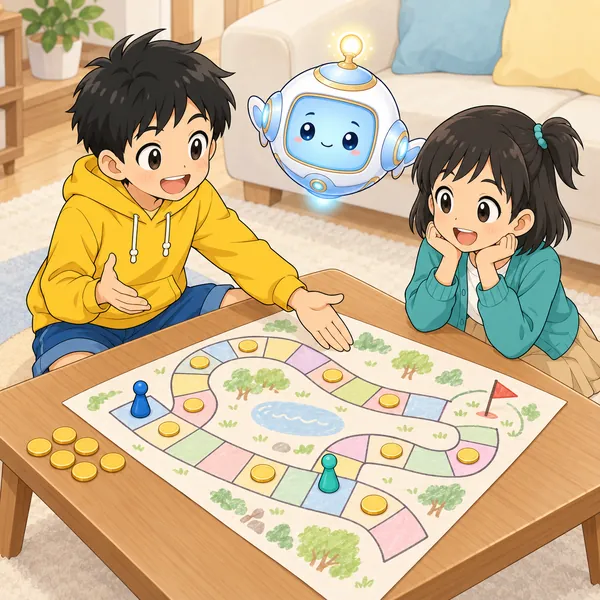 ハルが手作りのボードゲームを広げてミオに見せている。盤にはコインのこまとゴールの旗。