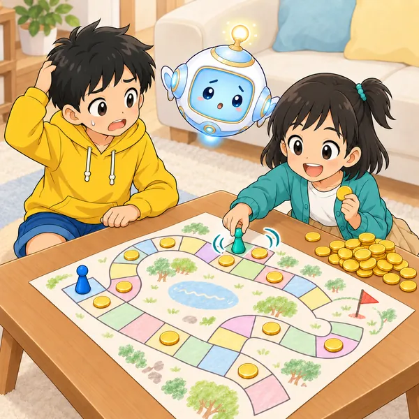 ミオがコインのこまを何度も拾って山にし、ハルがこまっている。ゴールにはだれもいない。