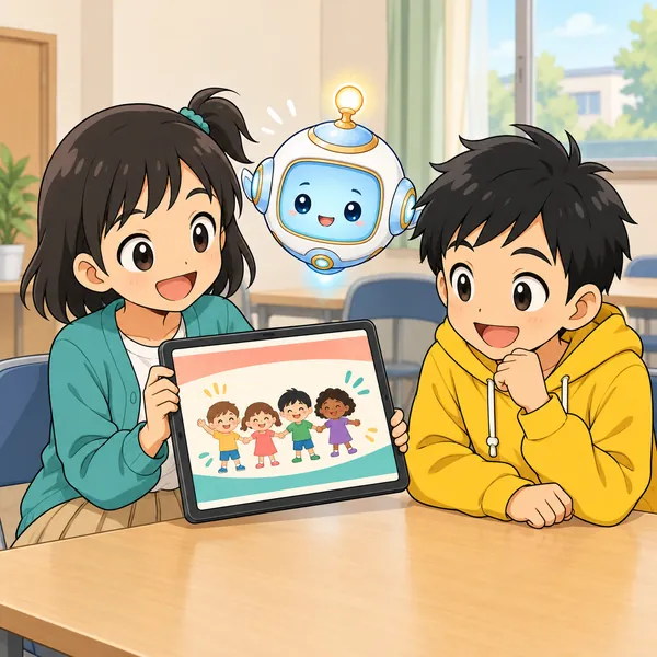集会室で、ミオがタブレットで自分のポスターをハルに見せ、わくわくしている。