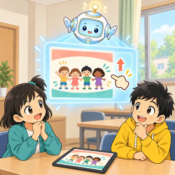 AIロボットが、ポスターの絵の部分に指さしと矢印がついた窓を見せている。