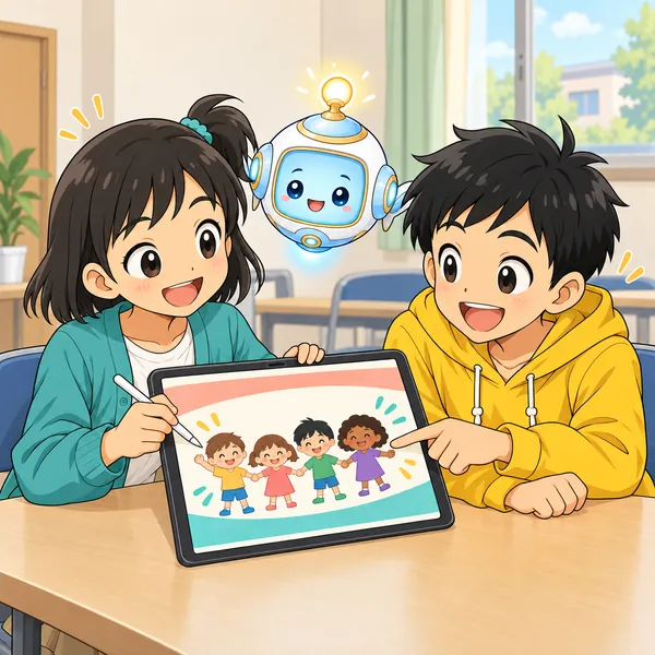 ハルが絵の部分を指さして話し、ミオが明るい顔でうなずいてポスターを直している。