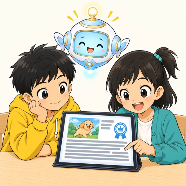 ミオが元の発表の文章を開いて読み、正しい内容を確かめている