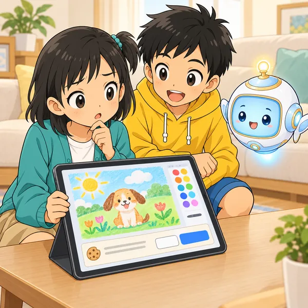 ミオがお絵かきサイトを開くと、画面下にボタンが2つの横長の帯が出て、首をかしげている。