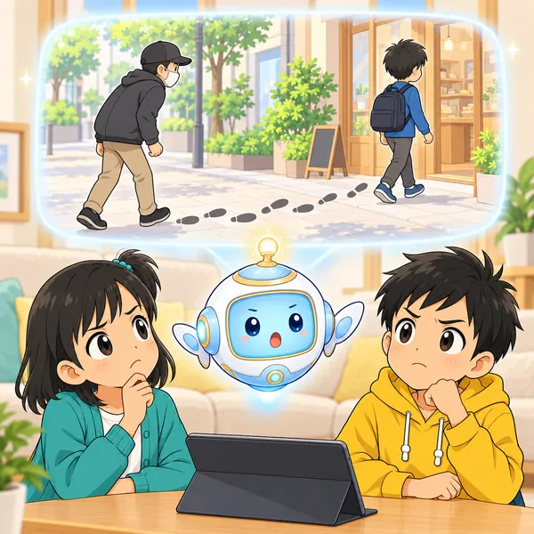 AIロボットが、知らない人がお客さんの足あとをたどってついていく絵をうかべ、ハルがまゆをひそめている。