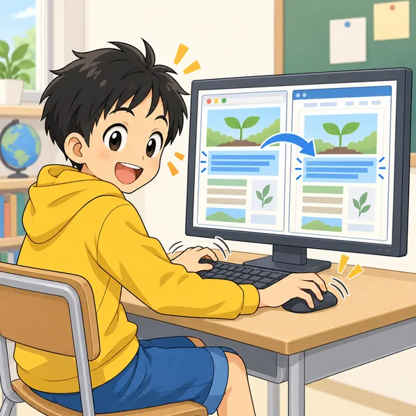 ハルがパソコンで、調べたページの文章をそのままレポートに貼りつけている