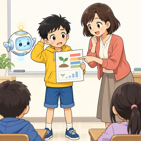 発表の場面。先生に「ここはどういう意味?」と聞かれ、ハルが答えられずに困っている
