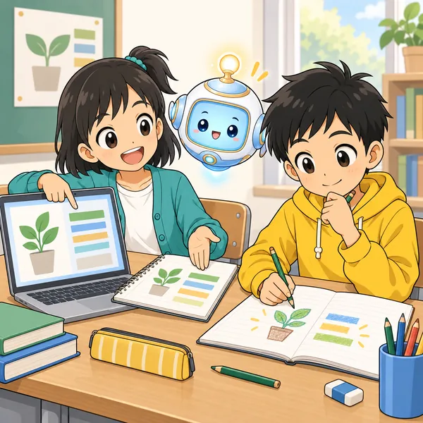 ミオとアイが、貼る前に一度自分の言葉に直すやり方を見せている