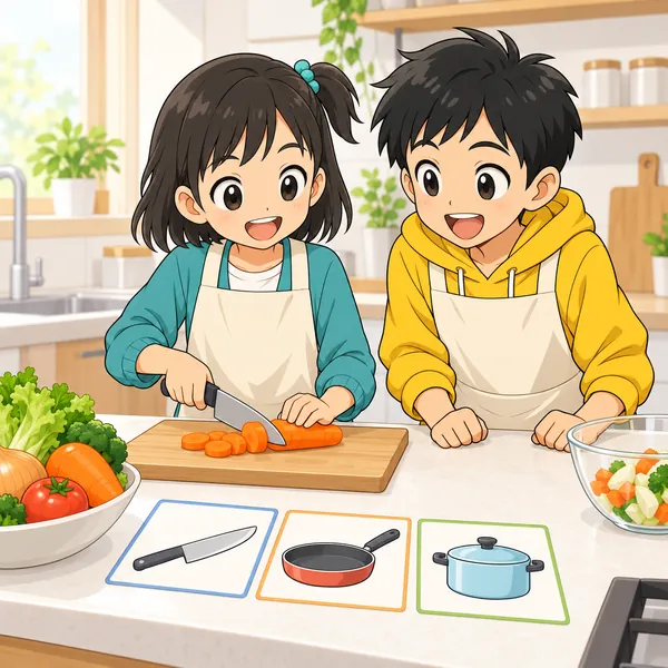 台所で、エプロン姿のミオが手順の絵カードを見ながら野菜を切り、ハルがとなりにいる。