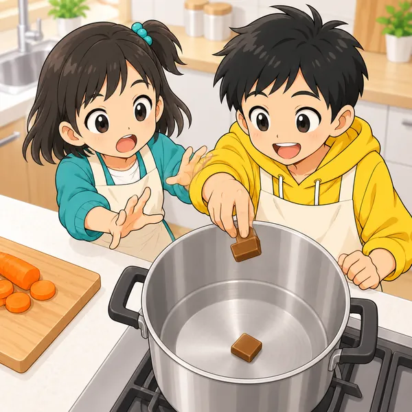 ハルが空っぽのなべにカレールーを先に入れてしまい、ミオがあわてている。