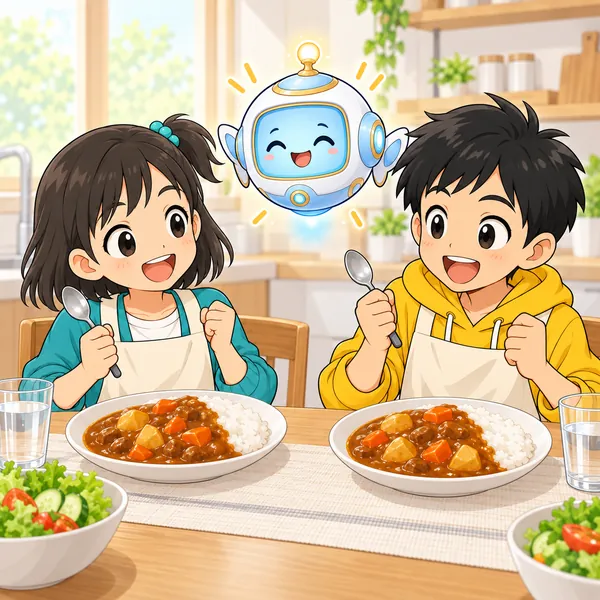 できあがったカレーライスを前に、ハルとミオとAIロボットが笑顔になっている。