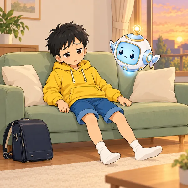 習い事から帰ったハルが、ソファにぐったりしずみこんでいる。