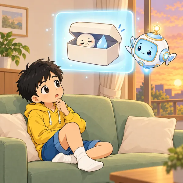 AIロボットが、「大丈夫」の箱から本当の気持ちが顔を出す絵を見せている。