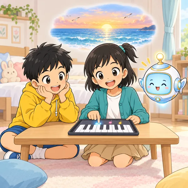 ミオが鍵盤アプリで作った曲をハルに聞かせ、朝の海を思いうかべている。
