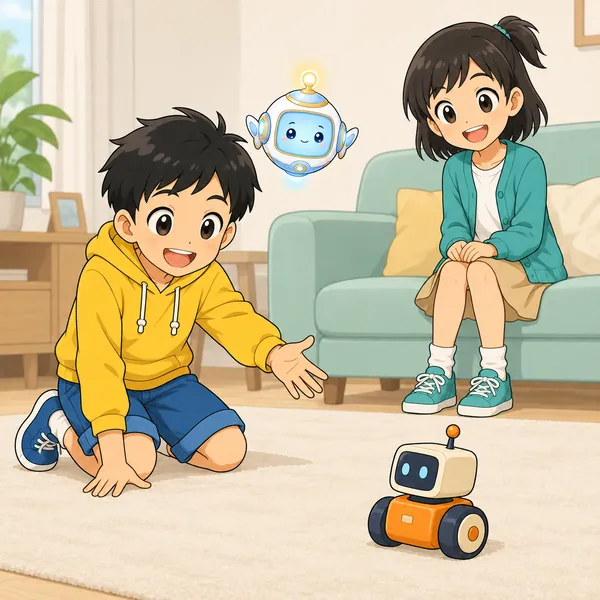 リビングの床で、ハルが小さなおもちゃのロボットに「前へ」のしぐさをしている。ミオはソファから見ている。