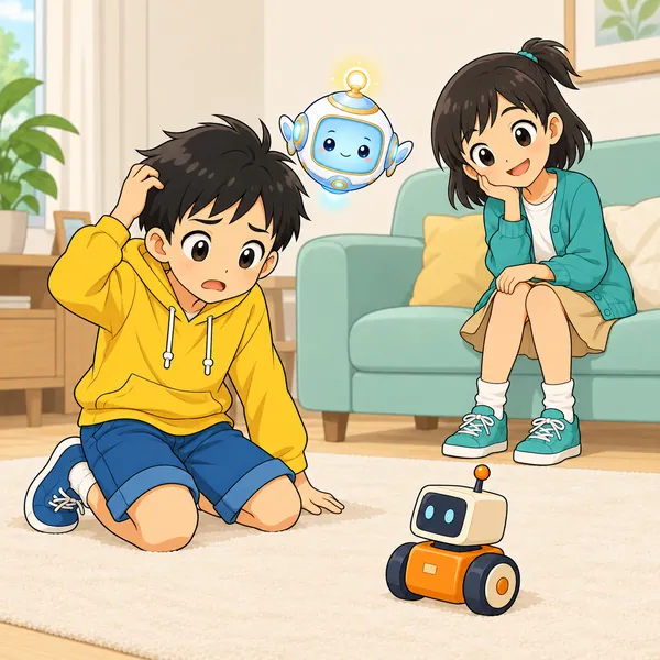 おもちゃのロボットが動かず、ハルがこまった顔で頭をかき、ミオが首をかしげている。