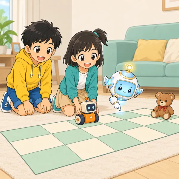 床にマス目のマットが広げられ、AIロボットがマスを数え、ミオがおもちゃのロボットを置いている。