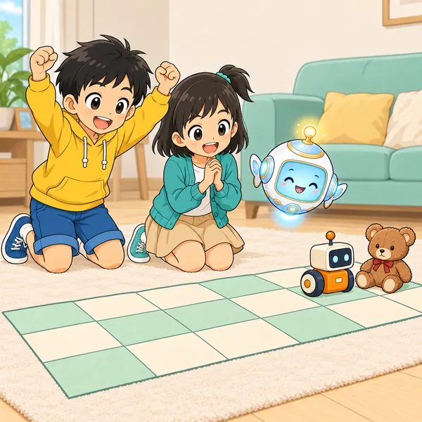 おもちゃのロボットがマス目を進んでぬいぐるみの前で止まり、ハルがガッツポーズをしている。