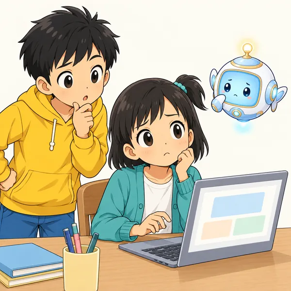 ミオが発表用のスライドを作っているが、なにを入れればいいか決められず、手が止まっている