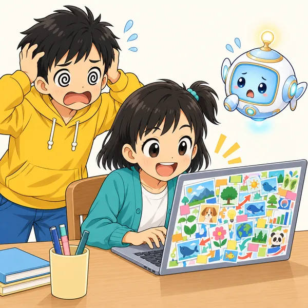 ミオが思いつくままに、たくさんの情報をつめこんで、ごちゃごちゃした画面になっている