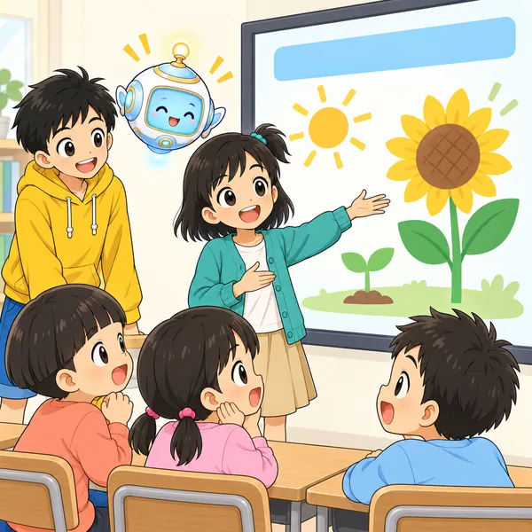 ミオが大きな文字と絵で作り直したスライドを、低学年の子たちに見せている