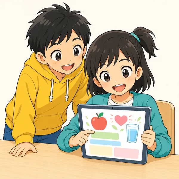 ミオがタブレットで、健康についてのページを読んで納得している