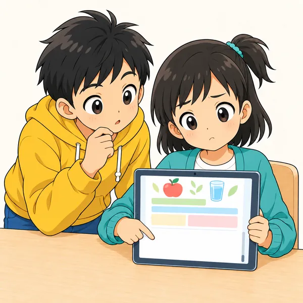 ミオがページのいちばん下までスクロールして、書いた人の名前が見あたらないことに気づき、首をかしげている